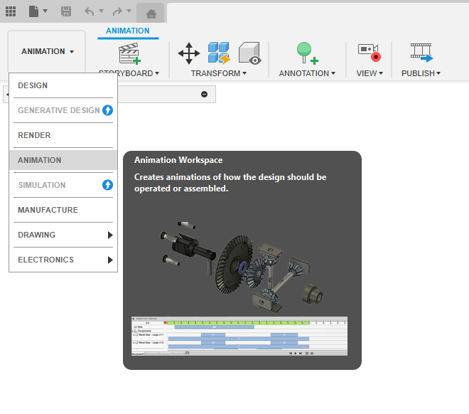 Rozhraní pro tvorbu animací v programu Fusion 360